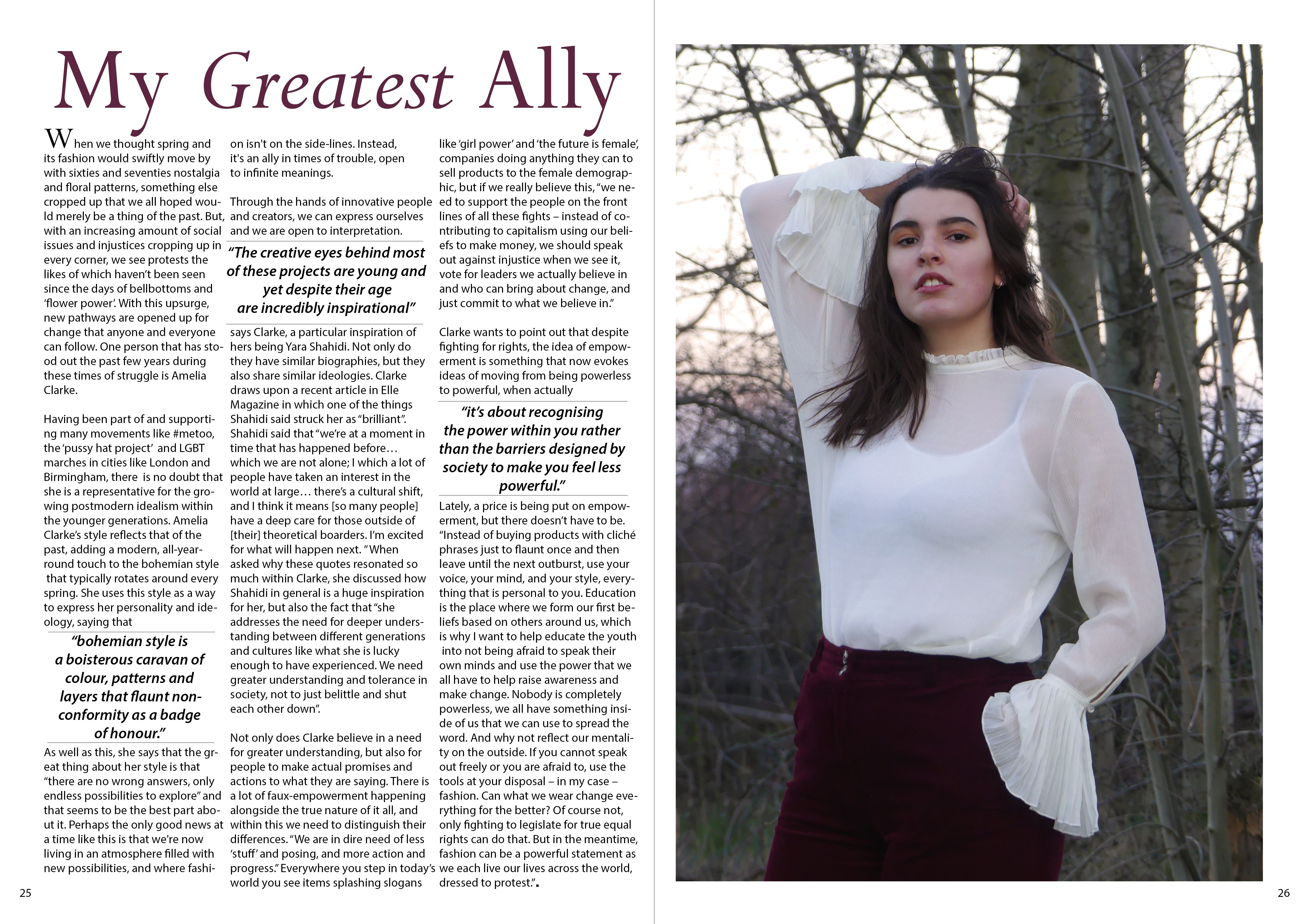 The double page spread for 'Elan Magazine' featuring the same image of the model as that on the contents page, as well as the full content main article of the magazine.