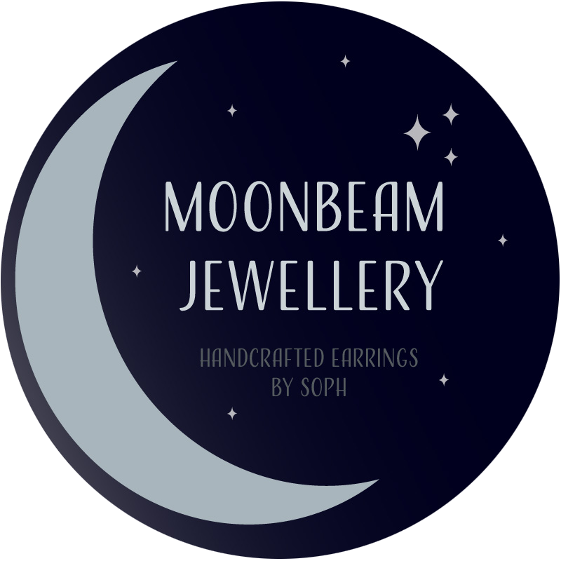 Colour version of the Moonbeam Jwewllery logo with a moon, stars and the caption handcrafted earrings by soph