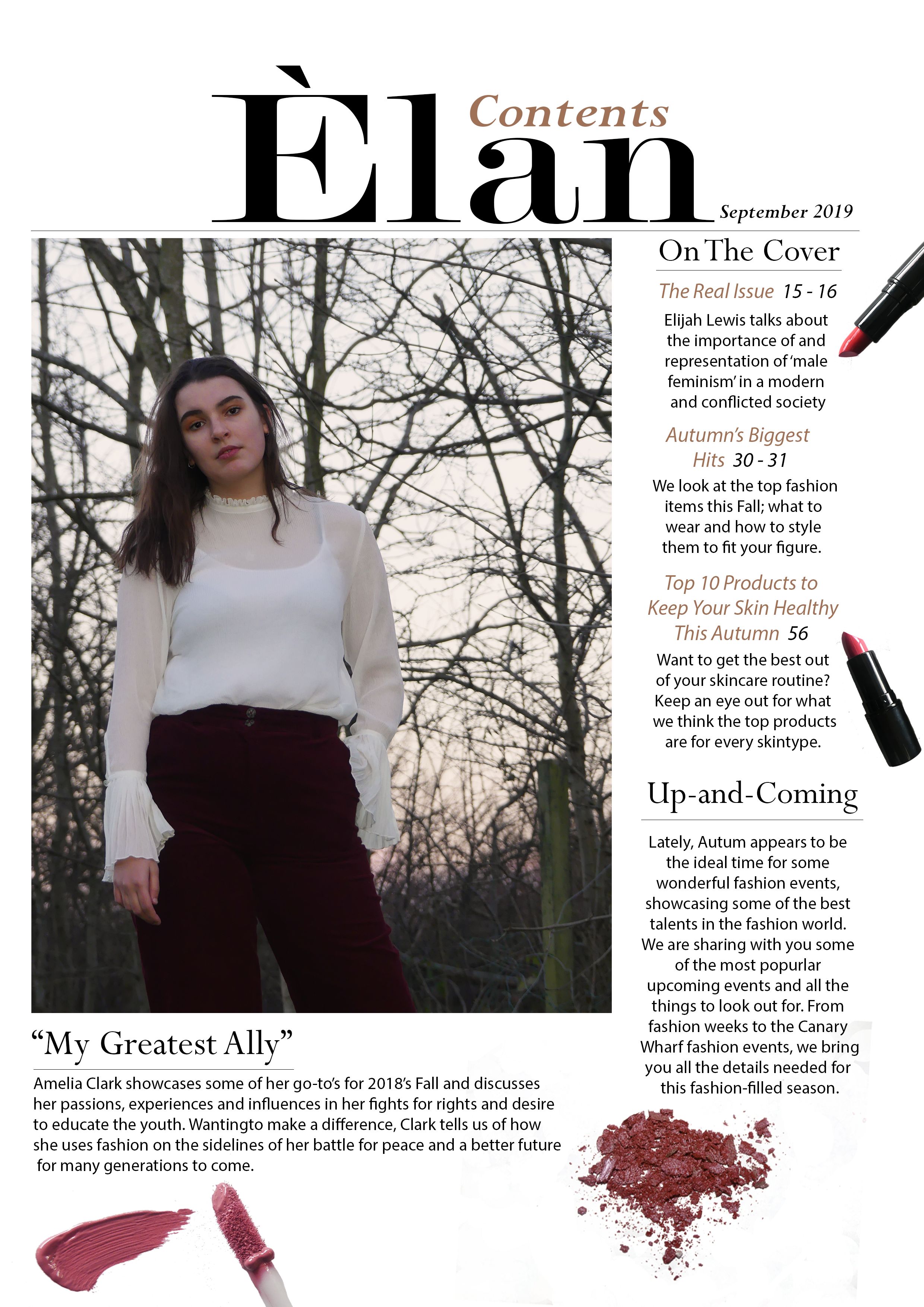 The contents page for 'Elan Magazine', explains the main content titles on the cover page, and features a different image to that on the front cover also of the model. That image is the same as the image on the double page spread. Also featured on the page are images of makeup.