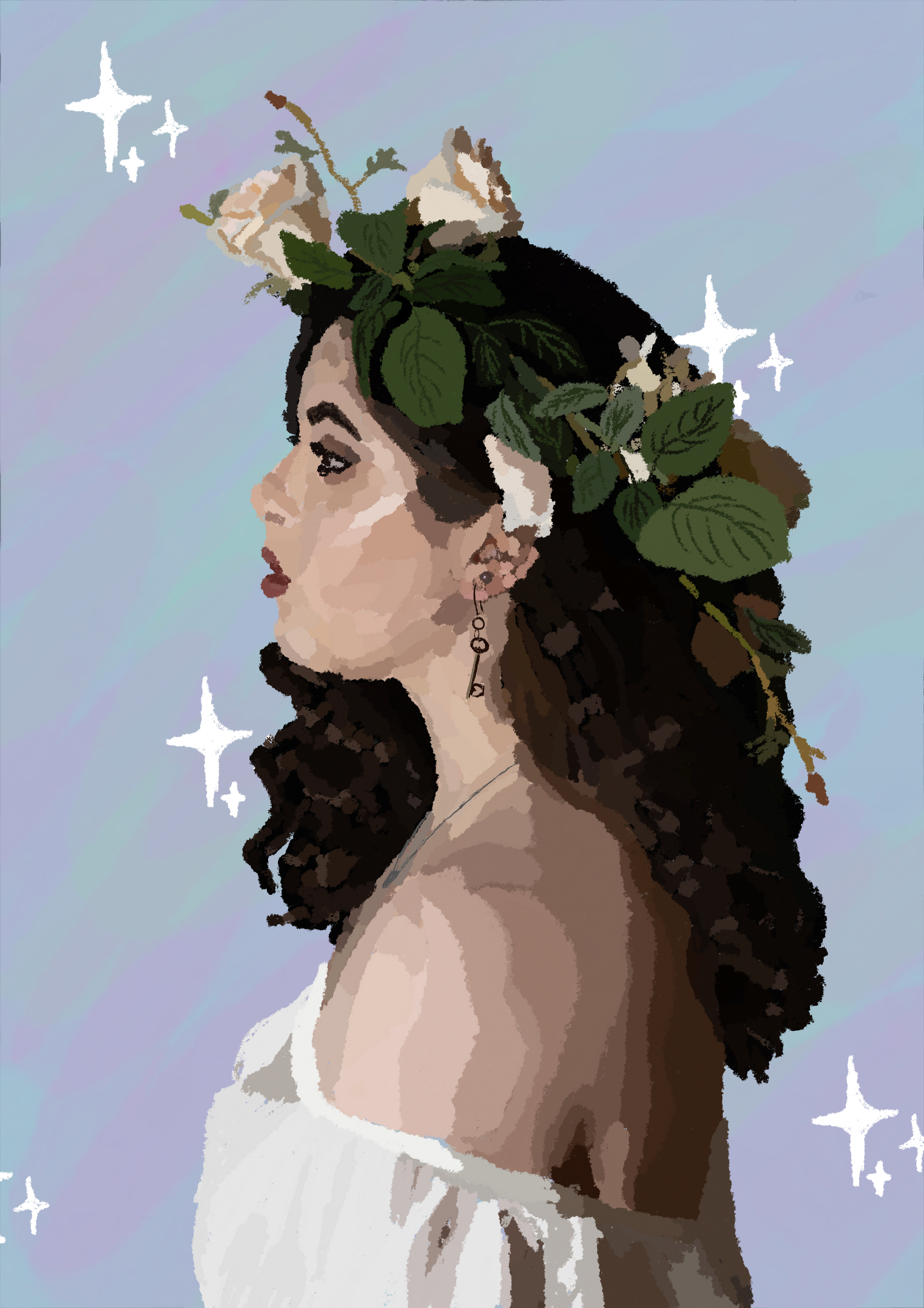 A painting of the same image, done in block colours and sections with a background made of pastel colours and stars.