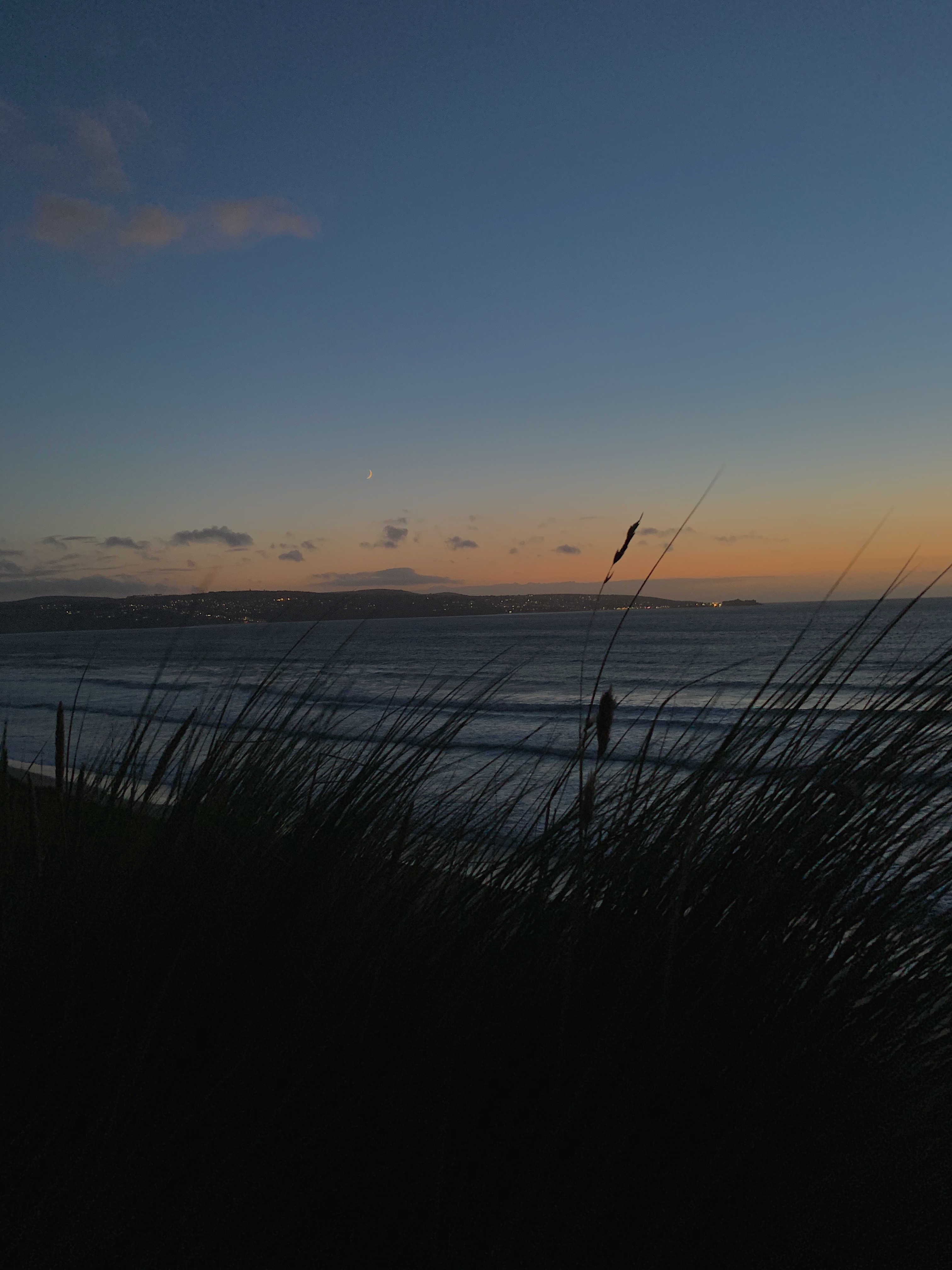 The end of a sunset at St Ives Bay beach with reeds in the foreground